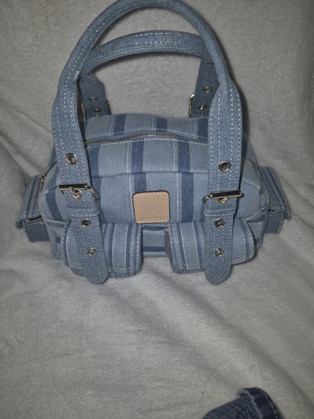 True Religion Small Blue Striped Satchel Top Handle Bag Zip Closure Pockets